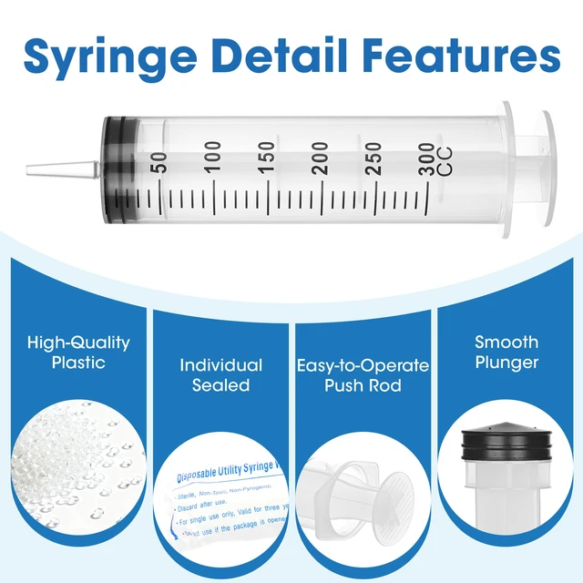 Alt view image 2 of 7 - 300mL Plastic Syringe for Liquid - 3 Pack Large Syringes with Adapter Individually Wrapped for Scientific Labs, Feeding, Oil Filling