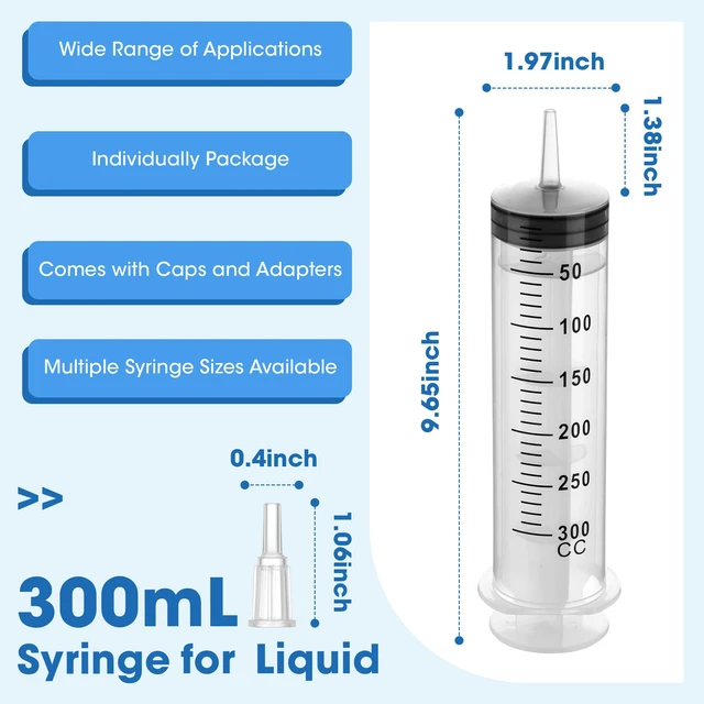 Alt view image 3 of 7 - 300mL Plastic Syringe for Liquid - 3 Pack Large Syringes with Adapter Individually Wrapped for Scientific Labs, Feeding, Oil Filling