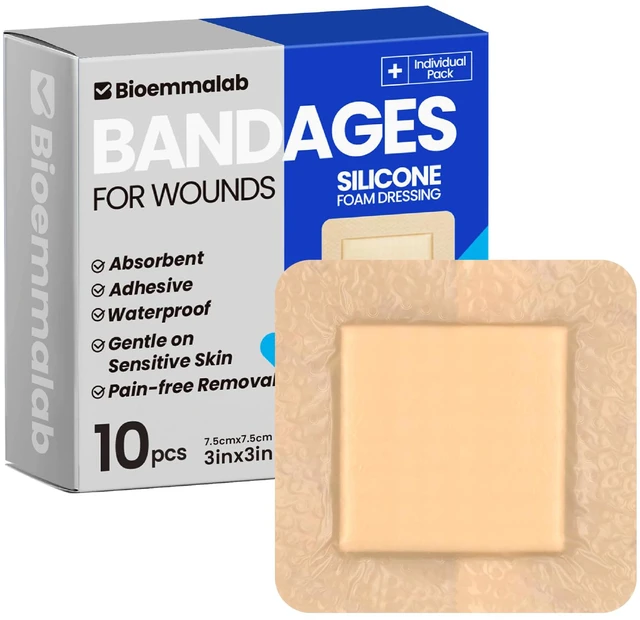 Main image of Large Waterproof Bandages 3x3 Silicone Foam Dressing Sensitive Skin, 10 PCS Wound Dressing, Adhesive Cohesive Pad with Border, First Aid, Post Surgical and Trauma Care, Burn Care