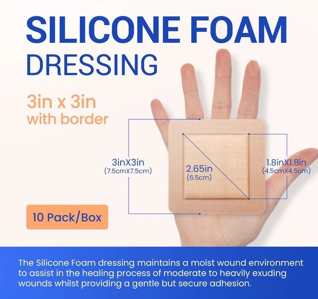 Alt view image 2 of 6 - Large Waterproof Bandages 3x3 Silicone Foam Dressing Sensitive Skin, 10 PCS Wound Dressing, Adhesive Cohesive Pad with Border, First Aid, Post Surgical and Trauma Care, Burn Care