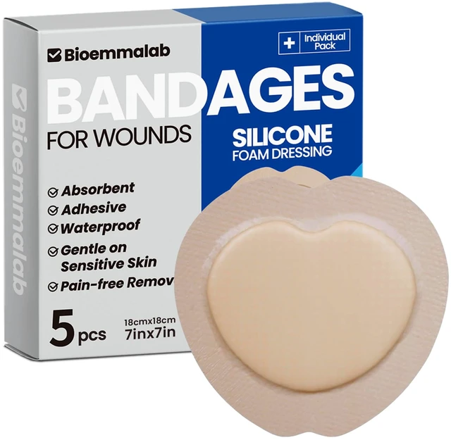 Main image of Large Waterproof Bandages 7X7 Silicone Foam Dressing Sensitive Skin, 5 PCS Wound Dressing, Adhesive Cohesive Pad with Border, First Aid, Post-Surgical, Burn & Pressure Care, Scar Care