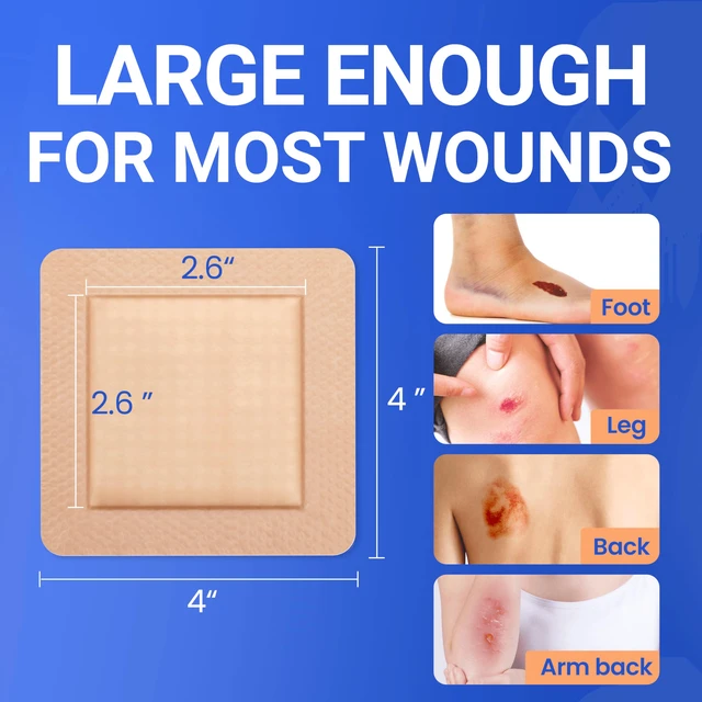 Alt view image 2 of 6 - Large Waterproof Bandages 4x4 Silicone Foam Dressing Sensitive Skin, 10 PCS Wound Care Dressing, Adhesive Cohesive Pad with Border, First Aid, Post Surgical and Trauma Care, Burn Care