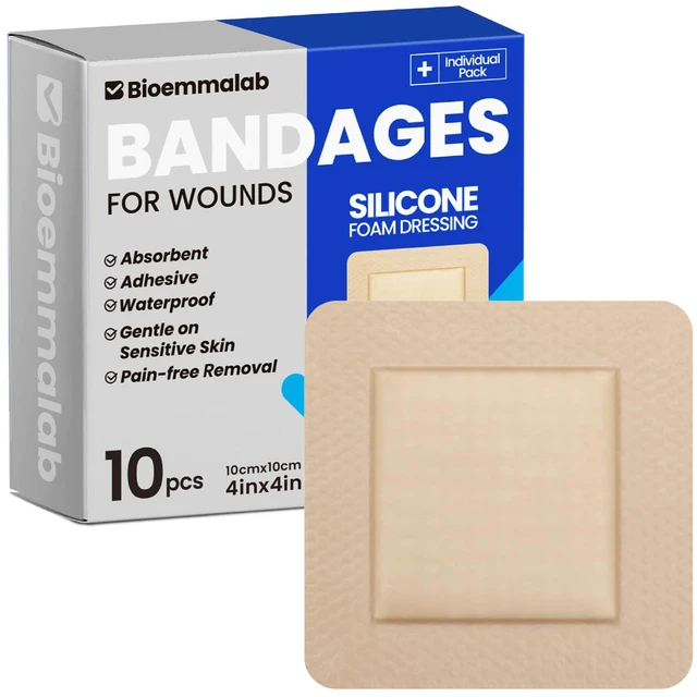 Main image of Large Waterproof Bandages 4x4 Silicone Foam Dressing Sensitive Skin, 10 PCS Wound Care Dressing, Adhesive Cohesive Pad with Border, First Aid, Post Surgical and Trauma Care, Burn Care