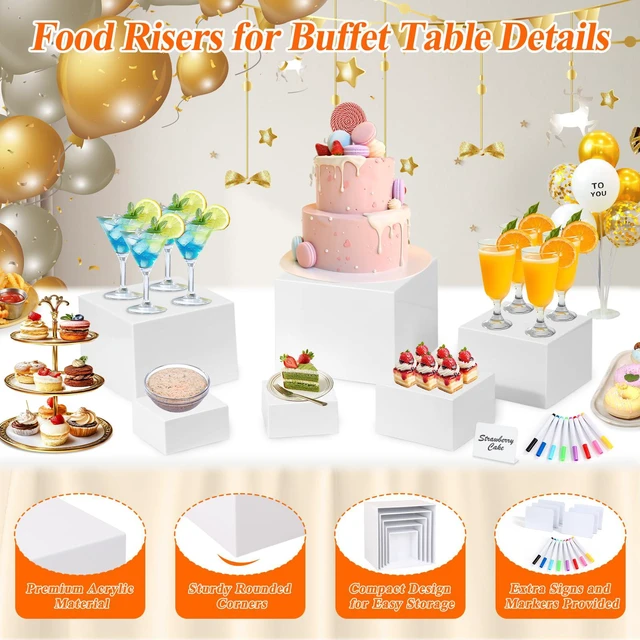 Alt view image 7 of 7 - White Acrylic Buffet Risers and Stand Food Risers with Mini Sign and Maker Food Display Stands for Buffet Table Party Catering Dessert Jewelry Collectibles,Nesting Cube Boxes with Hollow Bottoms