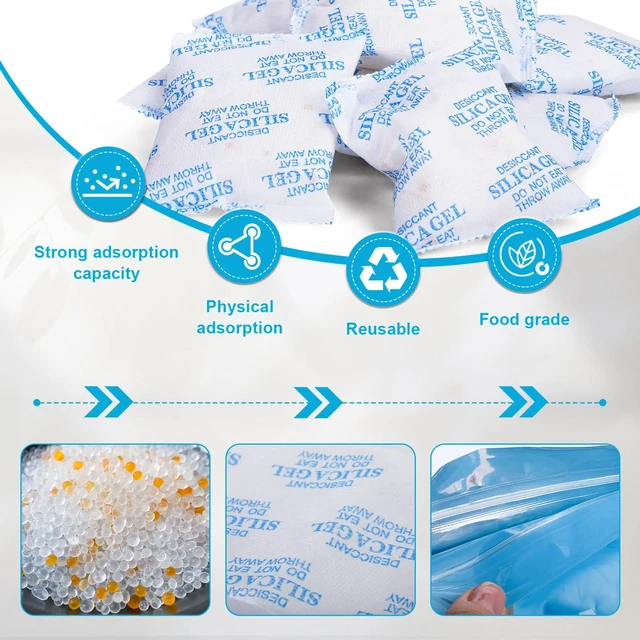 Alt view image 3 of 6 - 100 Gram 24 Pcs Color-Indicating Silica Gel Packets Premium Food Grade Desiccant, Desiccant Packets for Storage, Premium Desiccant Packs for Food, Electronics, Closet