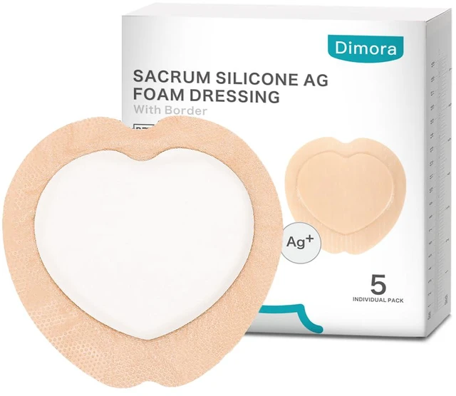 Main image of Ag Silver Sacrum Foam Dressing Adhesive Border 7"x7" Bandages 5 Pack Silver Ag Silicone Foam Dressing Pressure Sore Post Surgical Wound Care Waterproof Sacral Pads Absorbent Breathable Bed Sore