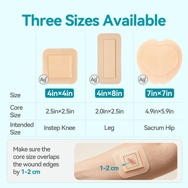 Alt view image 5 of 7 - Ag Silver Sacrum Foam Dressing Adhesive Border 7"x7" Bandages 5 Pack Silver Ag Silicone Foam Dressing Pressure Sore Post Surgical Wound Care Waterproof Sacral Pads Absorbent Breathable Bed Sore