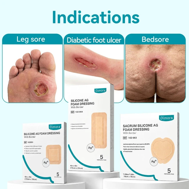 Alt view image 6 of 7 - Ag Silver Sacrum Foam Dressing Adhesive Border 7"x7" Bandages 5 Pack Silver Ag Silicone Foam Dressing Pressure Sore Post Surgical Wound Care Waterproof Sacral Pads Absorbent Breathable Bed Sore