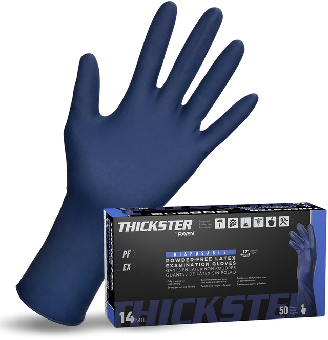 Main image of Thickster Powder-Free Exam Grade Latex Disposable Gloves. Size Medium. Blue, 14 mil Thickness, 12" Length. Fully Textured for Superior Grip. Single Use. Pack of 50. (6602-20)