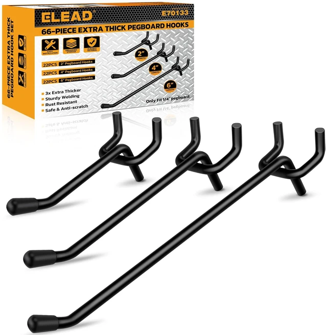 Main image of 66-Piece 2/4/6 Inch Extra Thick Pegboard Hooks, Heavy Duty Peg Board Organizer Accessories, Peg Board Tool Hangers Fit for 1/4" Pegboard Hanging Tools Garage, Workshop, and Craft Storage