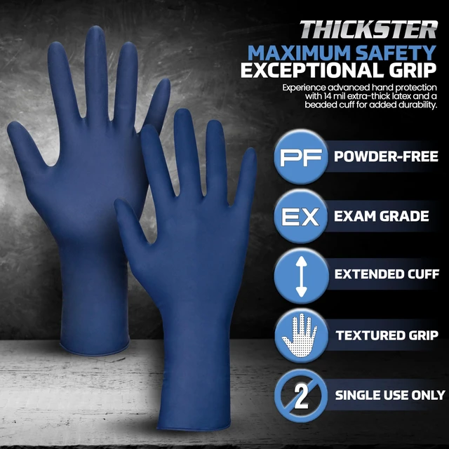 Alt view image 2 of 6 - Thickster Powder-Free Exam Grade Latex Disposable Gloves. Size Medium. Blue, 14 mil Thickness, 12" Length. Fully Textured for Superior Grip. Single Use. Pack of 50. (6602-20)