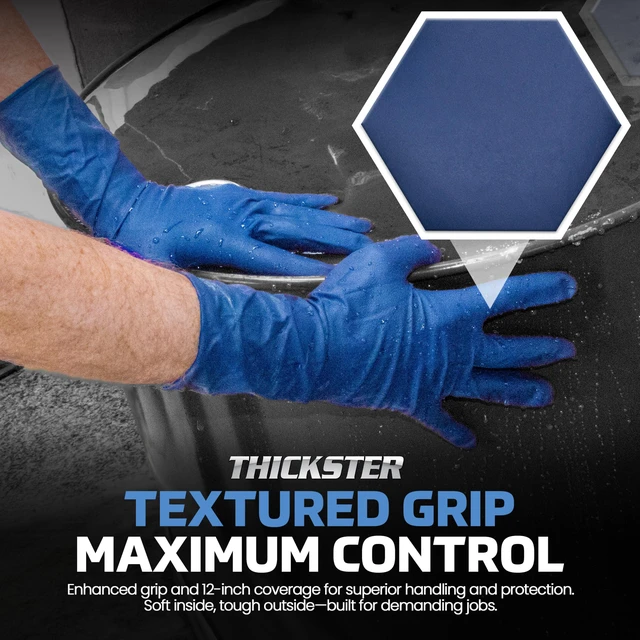 Alt view image 4 of 6 - Thickster Powder-Free Exam Grade Latex Disposable Gloves. Size Medium. Blue, 14 mil Thickness, 12" Length. Fully Textured for Superior Grip. Single Use. Pack of 50. (6602-20)