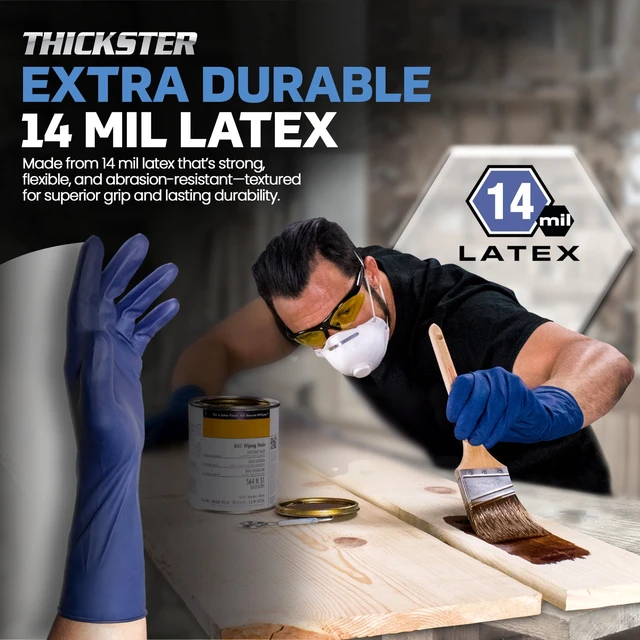 Alt view image 5 of 6 - Thickster Powder-Free Exam Grade Latex Disposable Gloves. Size Medium. Blue, 14 mil Thickness, 12" Length. Fully Textured for Superior Grip. Single Use. Pack of 50. (6602-20)