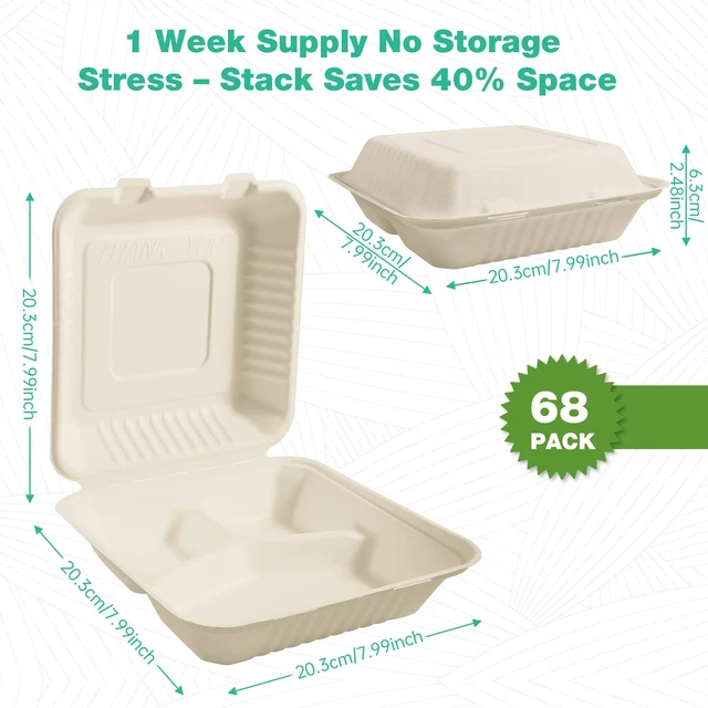 Alt view image 3 of 7 - 8x8 Inch 68 Pack 3-Compartment Clamshell Take Out Food Containers, Compostable Disposable Paper To Go Boxes with Lids, Heavy Duty Sugarcane Bagasse Containers for Meals & Sides, Natural