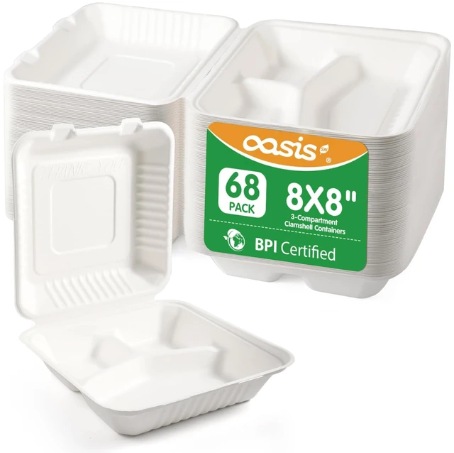 Main image of 8x8 Inch 68 Pack 3-Compartment Clamshell Take Out Food Containers, Compostable Disposable Paper To Go Boxes with Lids, Heavy Duty Sugarcane Bagasse Containers for Meals & Sides, White