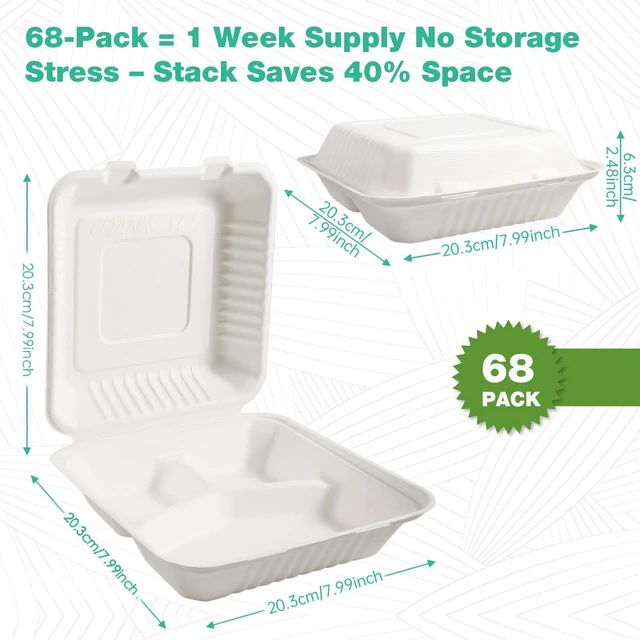 Alt view image 5 of 7 - 8x8 Inch 68 Pack 3-Compartment Clamshell Take Out Food Containers, Compostable Disposable Paper To Go Boxes with Lids, Heavy Duty Sugarcane Bagasse Containers for Meals & Sides, White