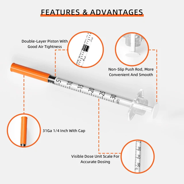 Alt view image 2 of 7 - 20 Pack U-100 0.3ml Lab Syringe, 31G 1/4 Inch (0,25 x 6mm) Disposable Syringes Supplies, Individually Wrapped