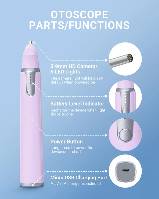 Alt view image 5 of 7 - Otoscope with Light, Ear Camera with Dual View, 720pHD WiFi Ear Scope with 6 LED Lights, 3.9mm Lens Otoscope Camera for Kids and Adults, Ear Scope Compatible w/iPhone and Android Pink