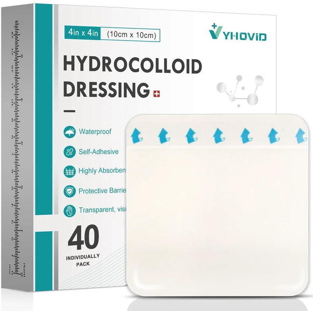 Main image of 40 Pack Hydrocolloid Wound Dressing 4" x 4", Hydrocolloid Patch Bandages with Self-Adhesive, Bed Sore Bandages, Highly Absorbent for Burn, Blister, Acne Care, Sterile and Waterproof