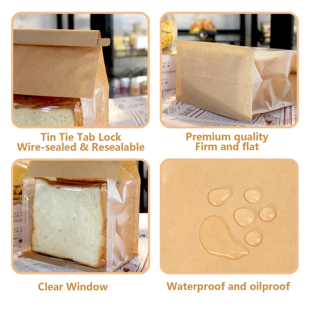 Alt view image 4 of 6 - 50 PCS Bread Bags for Homemade Breads, 11x5.1x3.9 Inch Resealable Cookie Bags with Tin Tie Tab Lock, Paper Bakery Bag with Window for Packaging Bagels, Muffin, Scone, Brownie, Baked Goods Storage