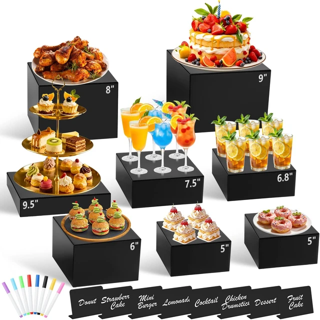 Main image of 8Pcs Black Acrylic Buffet Risers with Mini Sign and Marker, Black Acrylic Risers for Party Catering Dessert Jewelry Collectibles with Hollow Bottoms Nesting Cube Box (9.5" 9" 8" 7.5" 6.8" 6" 5" 5")