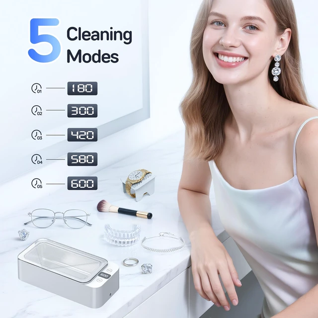 Alt view image 4 of 7 - Ultrasonic Jewelry Cleaner, 50khz Professional Ultrasonic Cleaner Machine for Jewelry, Eyeglasses, Watches, Dentures,5 Time Modes,316 Stainless Steel Tank,500ml Capacity (White)
