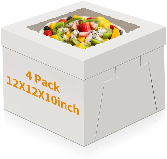Main image of Cake Boxes 12 inch, Cake Carrier Holder, Storage Transport Container 12×12×10 in, 4 Pcs, Thick Cardboard, Tall and Large, with Clear Window, Easy to Assemble, for Cake Pies Baked Goods