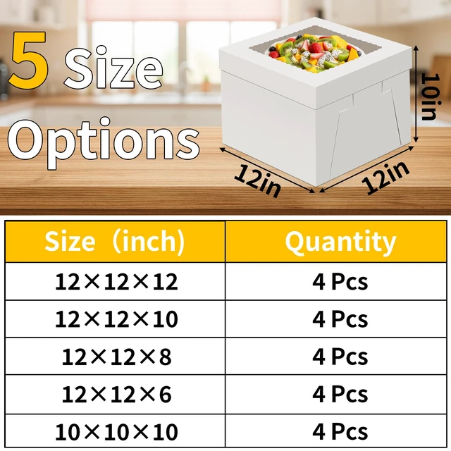 Alt view image 2 of 7 - Cake Boxes 12 inch, Cake Carrier Holder, Storage Transport Container 12×12×10 in, 4 Pcs, Thick Cardboard, Tall and Large, with Clear Window, Easy to Assemble, for Cake Pies Baked Goods