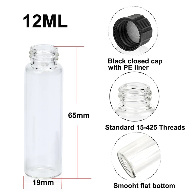 Alt view image 2 of 7 - 100 PCS 12ML Clear Small Liquid Sample Glass Vials with Screw Caps 19x65mm, Leak-Proof Tiny Bottle for Lab, Essential Oil, Perfume, Reagent