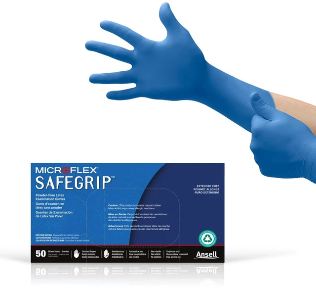 Main image of MICROFLEX SafeGrip SG-375 Extra Thick Disposable Latex Gloves for Life Sciences, Automotive w/Textured Fingertips - Small, Blue (Box of 50)