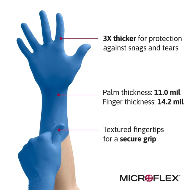 Alt view image 2 of 5 - MICROFLEX SafeGrip SG-375 Extra Thick Disposable Latex Gloves for Life Sciences, Automotive w/Textured Fingertips - Small, Blue (Box of 50)