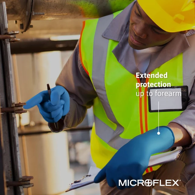 Alt view image 4 of 5 - MICROFLEX SafeGrip SG-375 Extra Thick Disposable Latex Gloves for Life Sciences, Automotive w/Textured Fingertips - Small, Blue (Box of 50)