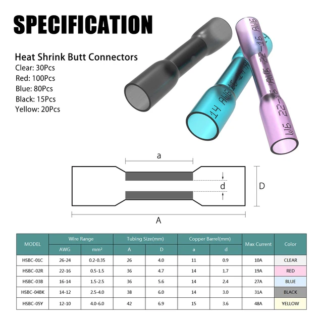 Alt view image 7 of 7 - 245PCS Heat Shrink Butt Wire Connectors 26-10 AWG, Insulated Waterproof Electrical Wire Connectors Automotive Marine Grade Wire Crimp Terminals Butt Splices, Ideal for Boat, Truck