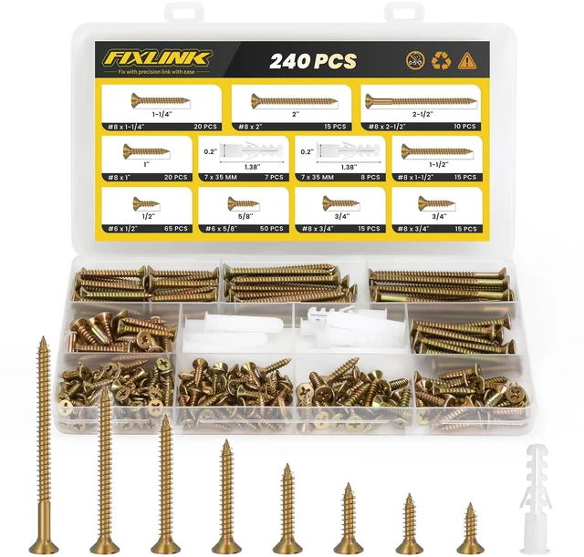 Main image of 240PCS Wood Screws Assortment Kit, Zinc Coated Flat Head Screws Set Contains Anchors and 8 Sizes (2-1/2,2,1-1/2,1-1/4,1,3/4,5/8,1/2) High Hardness Screws for Woodworking & Home Repair