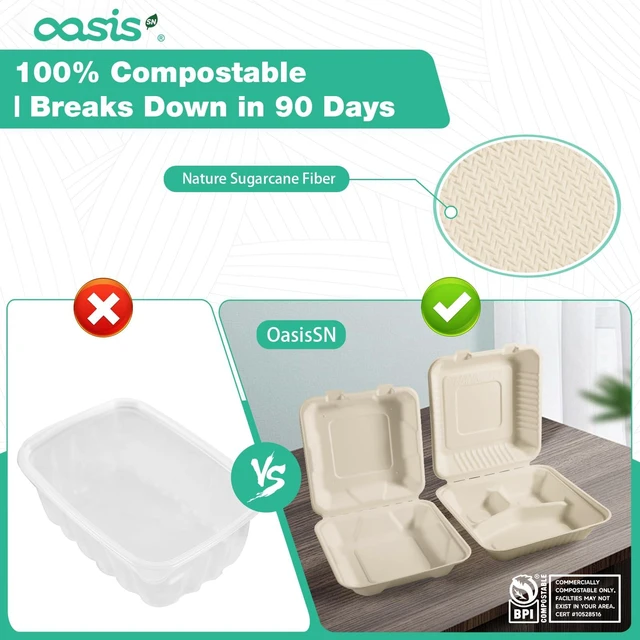 Alt view image 3 of 7 - 9x6x3 Inch 68 Pack Clamshell Take Out Food Containers, Compostable Disposable Paper To Go Boxes with Lids, Heavy Duty Sugarcane Bagasse Lunch Boxes for Leftovers, Meal Prep & Takeout, Natural