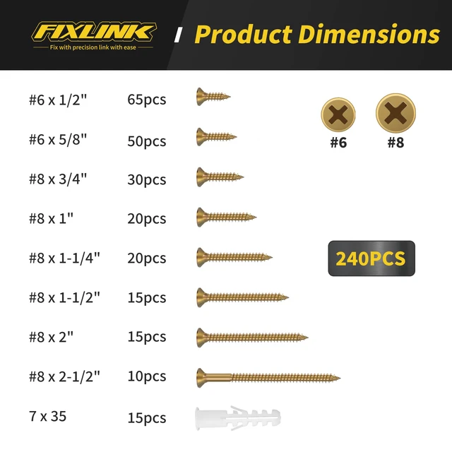 Alt view image 2 of 7 - 240PCS Wood Screws Assortment Kit, Zinc Coated Flat Head Screws Set Contains Anchors and 8 Sizes (2-1/2,2,1-1/2,1-1/4,1,3/4,5/8,1/2) High Hardness Screws for Woodworking & Home Repair