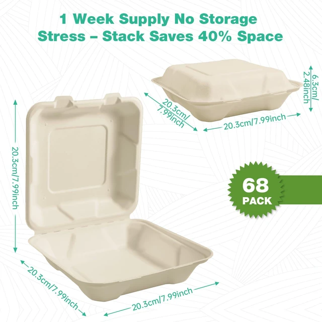 Alt view image 3 of 7 - 8x8 Inch 68 Pack Compostable Clamshell Take Out Food Containers, Disposable Paper To Go Boxes with Lids, Heavy Duty Sugarcane Bagasse Containers for Meals & Takeout, Natural