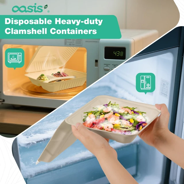 Alt view image 5 of 7 - 9x6x3 Inch 68 Pack Clamshell Take Out Food Containers, Compostable Disposable Paper To Go Boxes with Lids, Heavy Duty Sugarcane Bagasse Lunch Boxes for Leftovers, Meal Prep & Takeout, Natural