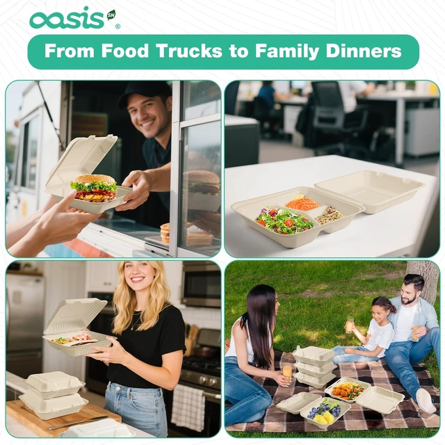 Alt view image 6 of 7 - 9x6x3 Inch 68 Pack Clamshell Take Out Food Containers, Compostable Disposable Paper To Go Boxes with Lids, Heavy Duty Sugarcane Bagasse Lunch Boxes for Leftovers, Meal Prep & Takeout, Natural