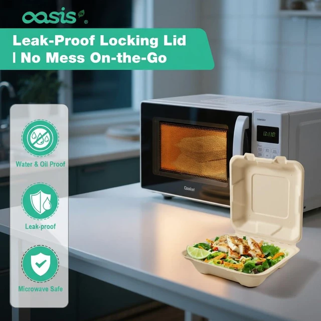 Alt view image 4 of 7 - 8x8 Inch 68 Pack 3-Compartment Clamshell Take Out Food Containers, Compostable Disposable Paper To Go Boxes with Lids, Heavy Duty Sugarcane Bagasse Containers for Meals & Sides, Natural