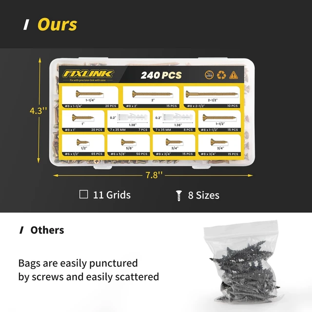 Alt view image 5 of 7 - 240PCS Wood Screws Assortment Kit, Zinc Coated Flat Head Screws Set Contains Anchors and 8 Sizes (2-1/2,2,1-1/2,1-1/4,1,3/4,5/8,1/2) High Hardness Screws for Woodworking & Home Repair