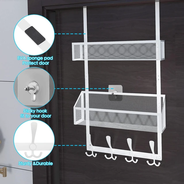 Alt view image 6 of 7 - Over The Door Hooks Organizer, Coat Rack Over The Door Storage Hanger Towel Rack, Back of Door Storage Organizer for Bathroom,Bedroom,Kitchen,Office (White, 3-Tier)