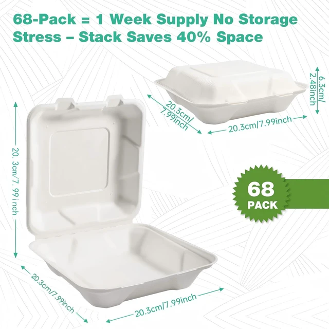 Alt view image 5 of 7 - 8x8 Inch 68 Pack Compostable Clamshell Take Out Food Containers, Disposable Paper To Go Boxes with Lids, Heavy Duty Sugarcane Bagasse Containers for Meals & Takeout, White