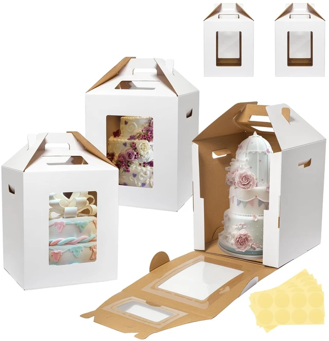 Main image of 5 Pack Tall Cake Boxes for Tier Cakes 14x14x16 Inch with Window Large Tierd Bakery Take Out Transport Container with Handle, Disposable Layer Baking Carrier for Wedding, Birthday, Party