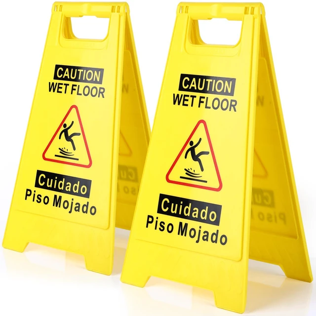 Main image of 2-Pack Caution Wet Floor Sign,17.5" Height,Bright Yellow Double-Sided Folding A-Shaped Frame Design, Bilingual Caution Message