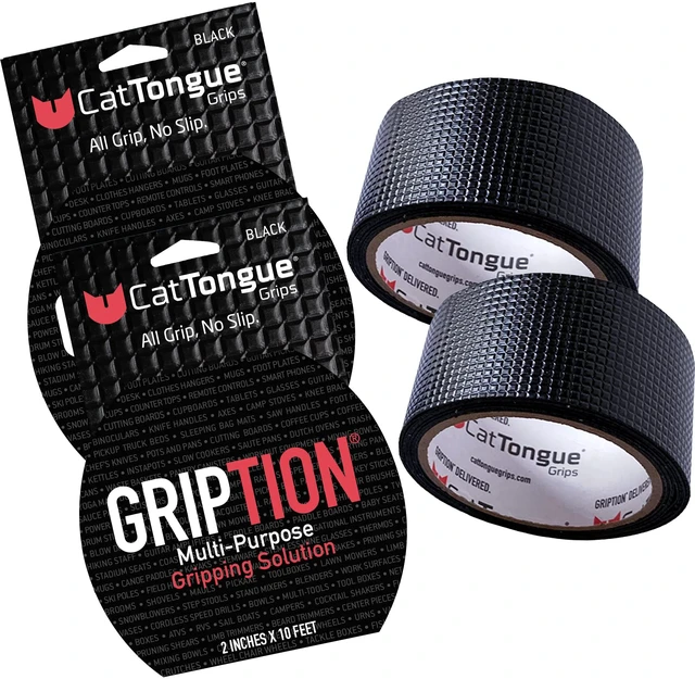 Main image of 2"x10' 2-Pk Grip Tape Roll, Non-Abrasive, Waterproof, Black Gription's patented non-rubber material is perfect for bathtubs, stairs, ramps, walkways, floors & larger household items