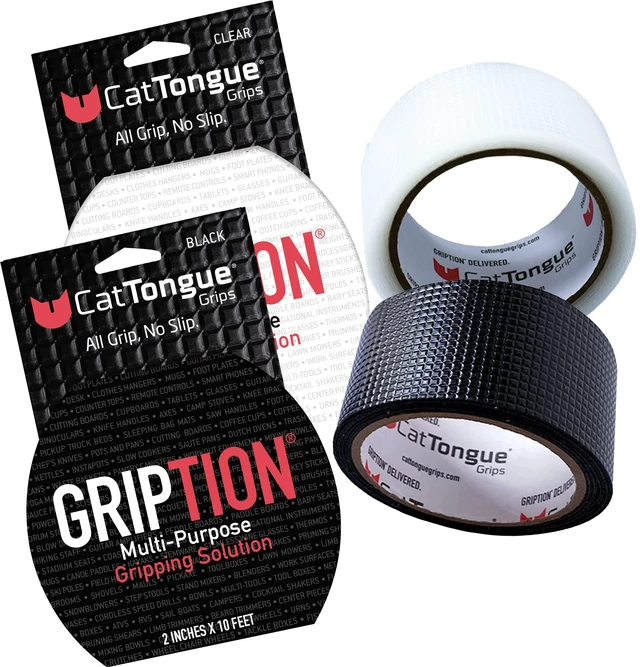 Main image of 2"x10' 2Pk Grip Tape, Non-Abrasive, Waterproof, Black/Clear Gription's patented non-rubber material is perfect for bathtubs, stairs, ramps, walkways, floors & larger household items