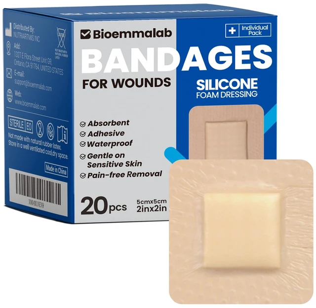 Main image of Large Waterproof Bandages 2x2 Silicone Foam Dressing Sensitive Skin, 20 PCS Wound Dressing, Adhesive Cohesive Pad with Border, First Aid, Post-Surgical, Burn & Pressure Care, Scar Care