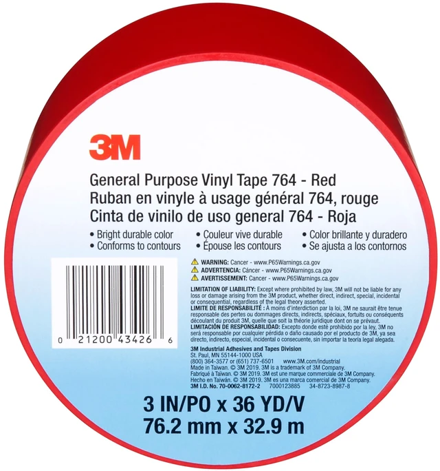 Alt view image 2 of 7 - General Purpose Vinyl Tape 764, Red, 3 in x 36 yd, 5 mil, 1 Roll Light Traffic Floor Marking Tape, Social Distancing, Color Coding, Safety, Bundling: Electrical Tape