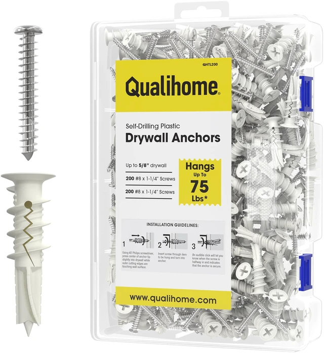 Main image of Drywall Anchors with Screws Self-Drilling Drywall Anchors, Anti-Spin Grip, No Pre-Drill Wall Anchor Kit, Strong & Reliable Hold, 200 Pack (400 Pieces)